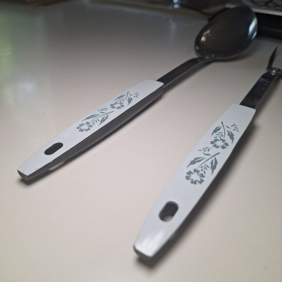 Blue Cornflower Utensils Stainless Steel Metal 1970s Serving Spoon Fork Pair - Picture 7 of 8